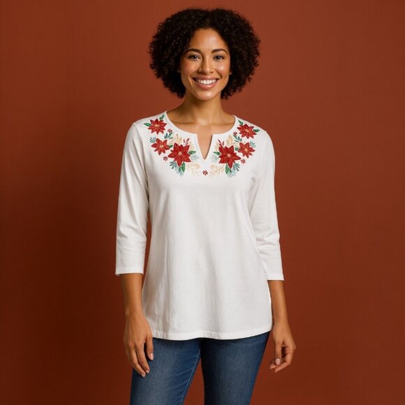 Coral Bay Holiday Poinsettia Embroidered White Top PM Petite Medium Christmas - Picture 4 of 8